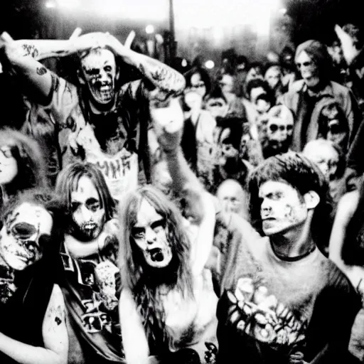 Image similar to zombies at a punk rock concert, grainy vintage photo from 1985, black and white