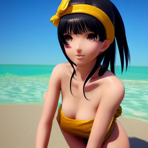 Image similar to Nico Robin, Render of a very beautiful 3d anime girl, long hair, hazel eyes, cute freckles, full round face, short smile, cute sundress, golden hour, serene beach setting, medium shot, mid-shot, highly detailed, trending on Artstation, Unreal Engine 4k