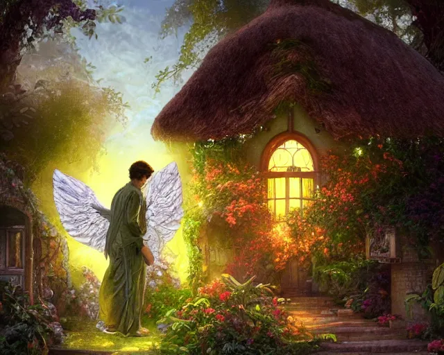 Prompt: a male!!! angel with wings made of leaves stands in front of a small beautiful cottage in a magical garden, a digital painting by thomas canty and thomas kincade and ross tran, art nouveau, atmospheric lighting, trending on artstation