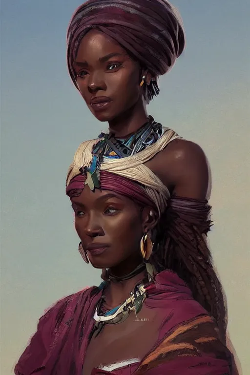 Image similar to rpg character art of an african woman, celtic dress, half body shot, gorgeous face, by jeremy lipking, by studio ghibli, by disney, video game fanart, digital art