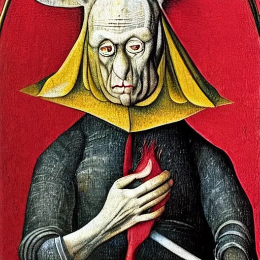 Image similar to Stunning and highly detailed portrait of the devil in human disguise wearing a red doublet Hieronymus Bosch