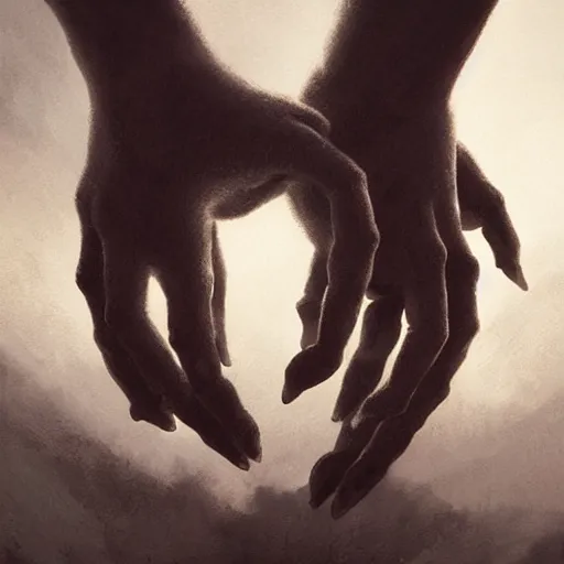 Image similar to Holding hands, vertical symmetry, close up shot, detailed hands, detailed skeleton hands, beautiful moody artwork by Greg Rutkowski and Asher Duran