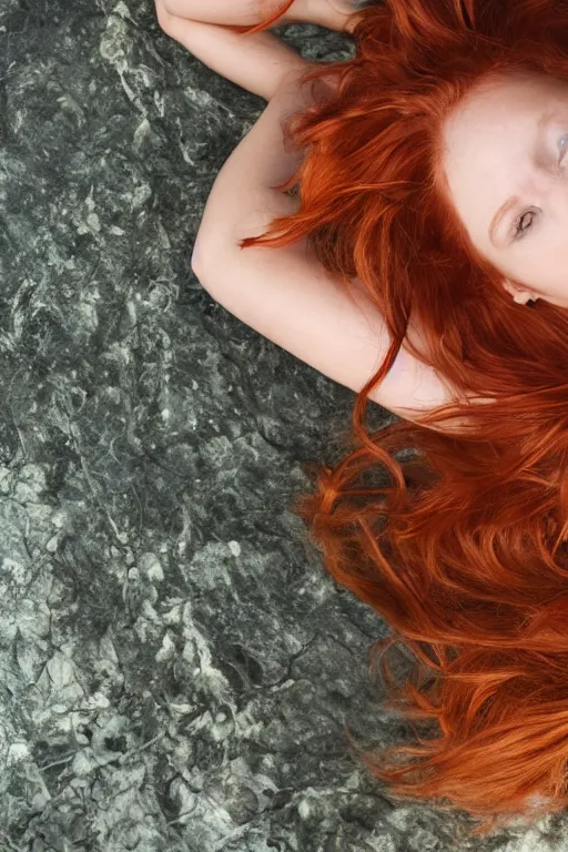 Image similar to A girl with a golden body, red hair, bronze eyes, lies in white water, marble background, bright light, Anachronism, Photorealism, 4k