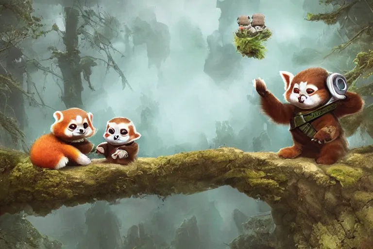 Prompt: an extremely cute (red panda), and the adorable (baby-yoda), sitting on a lichen covered ancient bolder and sing songs and have a tea party, in the far background a hazy outline up in the sky of Darth Vader's TIE fighter, mischievous, inquisitive, devious, hilarious, funny, by Tyler Edlin