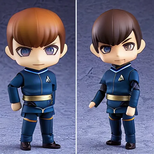 Prompt: spock from the tv series star trek, serious look, pointed ears, spock haircut, as an anime nendoroid, starfleet uniform, detailed product photo