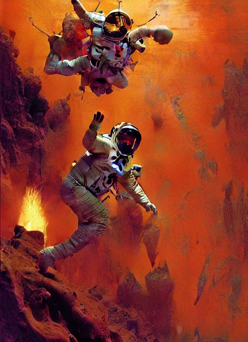 Prompt: an astronaut entering the seventh circle of hell from dante's divine comedy with lots of colours. highly detailed painting by gaston bussiere, craig mullins, j. c. leyendecker 8 k