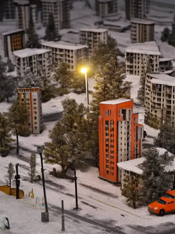 Prompt: detailed isometric miniature diorama a soviet residential building, brutalism architecture, lights are on in the windows, old soviet parking nearby, sad man in winter jacket passing by, dark night, cozy and peaceful atmosphere, fog, cold winter, blizzard, streetlamps with orange light, several birches nearby