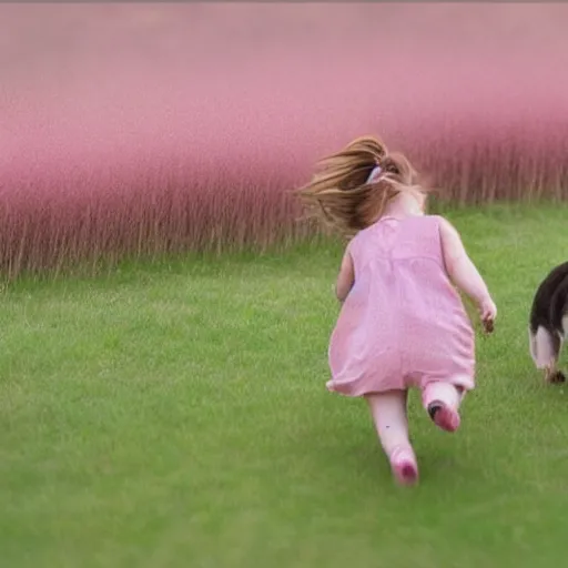 Prompt: little girl chasing a puppy running through a field of pink grass, muted colors, extremely detailed, aesthetic