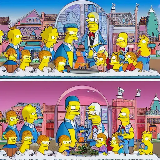 Image similar to the town of springfield from the simpsons in a beautiful photo-realistic snowglobe