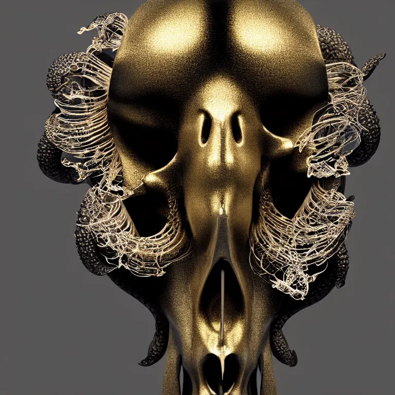 Image similar to black background. absolutely symmetrical sculpture. centered. goddess princess face close-up portrait ram skull. sculpture made of gold and black charcoal. jellyfish phoenix head, nautilus, orchid, skull, betta fish, bioluminiscent creatures, intricate artwork by Tooth Wu and wlop and beeple. octane render, trending on artstation, greg rutkowski very coherent symmetrical artwork. cinematic, hyper realism, high detail, octane render, 8k