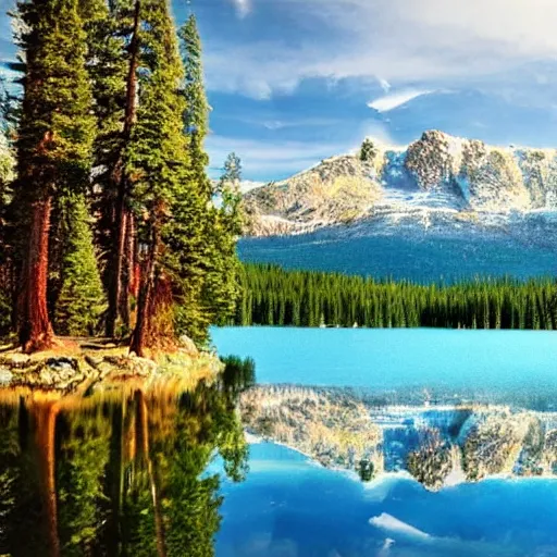 Image similar to a lake surrounded by pine trees with mountains in the background in the style of Bob Ross