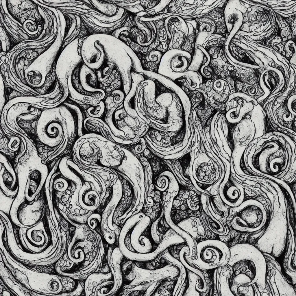 Image similar to “Infinite loop of octopuses, mathematical art by M.C. Escher, ceramic dish, 1959”