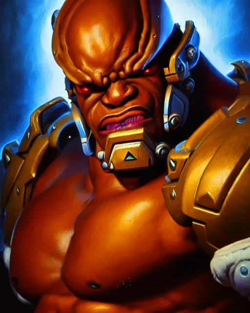 Image similar to doomfist from overwatch, fantasy, fantasy art, character portrait, portrait, close up, highly detailed, intricate detail, amazing detail, sharp focus, vintage fantasy art, vintage sci - fi art, radiant light, caustics, by boris vallejo