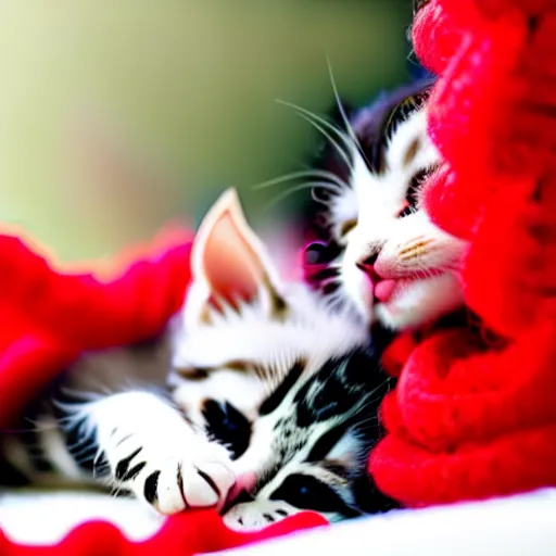 Image similar to sleepy two kittens playing with red yarn, cute, happy