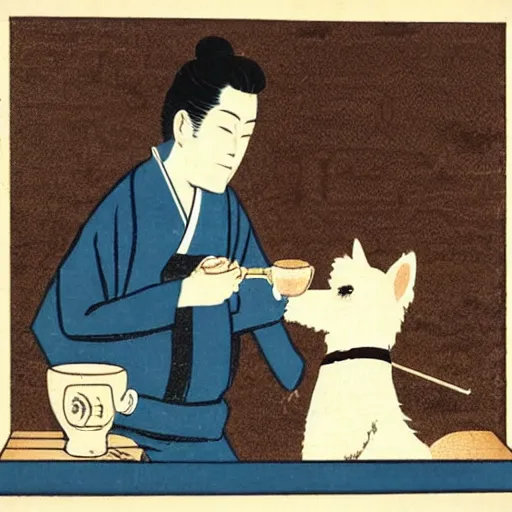 Prompt: Japanese woodblock print of a barista and his westie making espresso