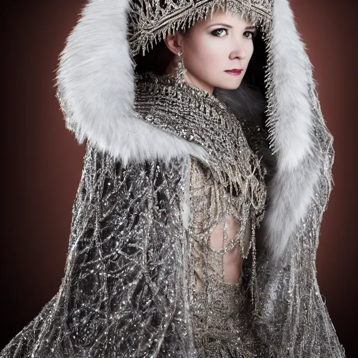 Image similar to full length portrait photograph of a real-life beautifulice queen with intricate cloak and crown, Extremely detailed. 8k