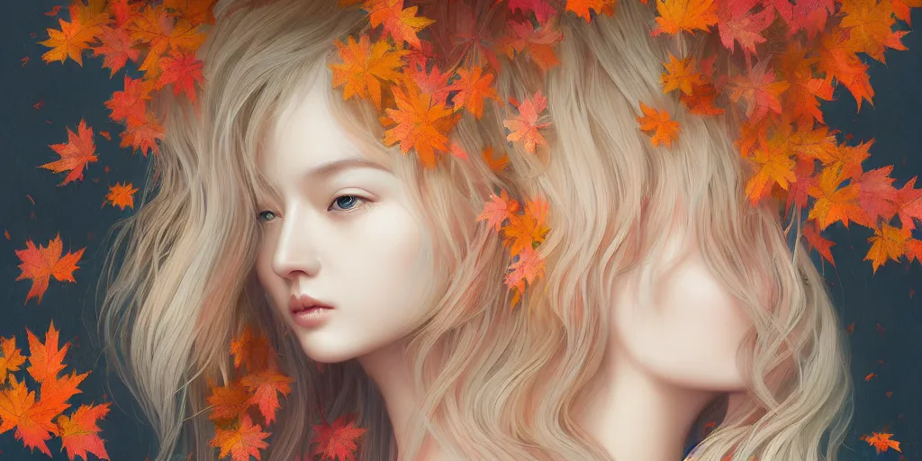 Prompt: breathtaking detailed concept art painting pattern pastel colors of blonde hair faces blend with autumn leaves, by hsiao - ron cheng, bizarre compositions, exquisite detail, 8 k