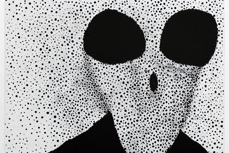 Image similar to anxiety, faceless people dark, dots, drip, stipple, pointillism, technical, abstract, minimal, style of francis bacon, asymmetry, pulled apart, cloak, eerie, made of dots, abstract, balaclava mask, colored dots, sploch