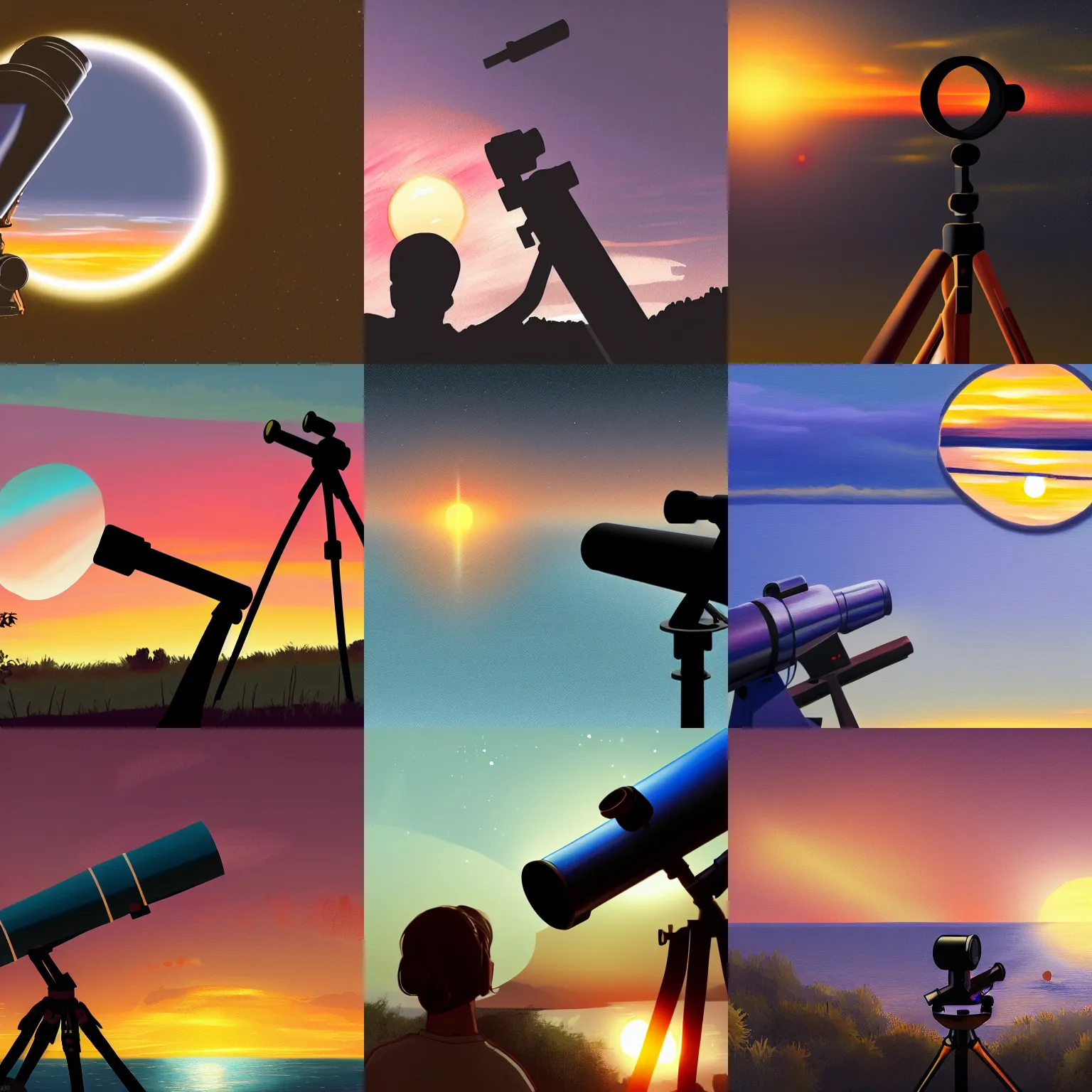 Prompt: A beautiful sunset seen through a telescope, digital painting, artstationHQ, 4k