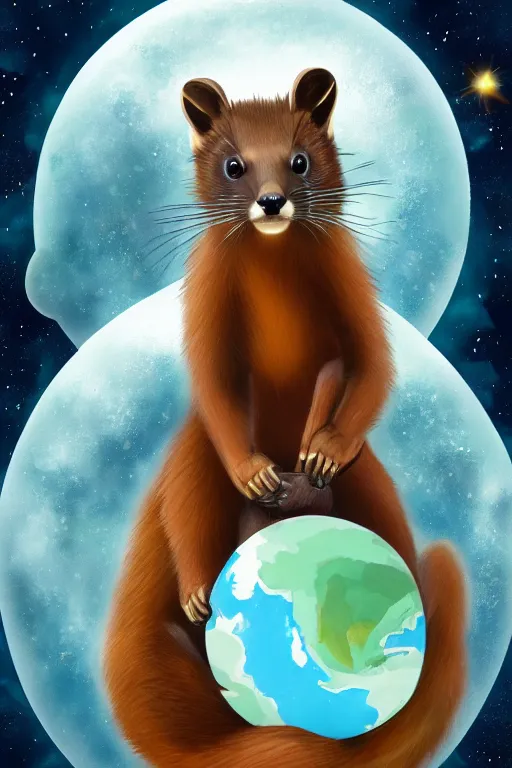 Prompt: giant pine marten in space holding a planet, digital art, trending on artstation, highly detailed