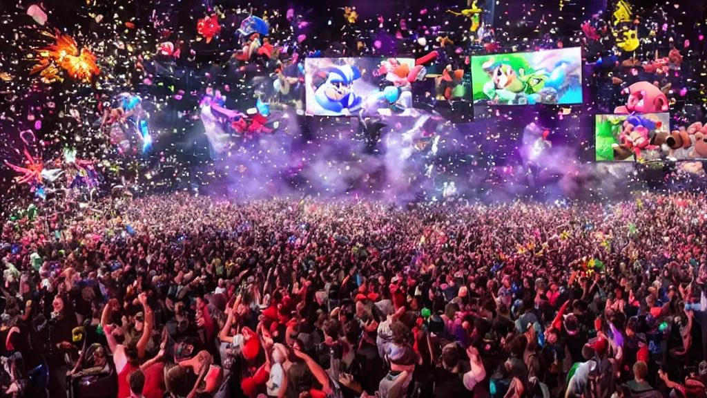 Prompt: Huge video game tournament with awesome staging, huge projector screens and truss lighting, moment of victory as the crowd cheers and confetti flies through the air, the game on the screens is Super Smash Brothers Ultimate