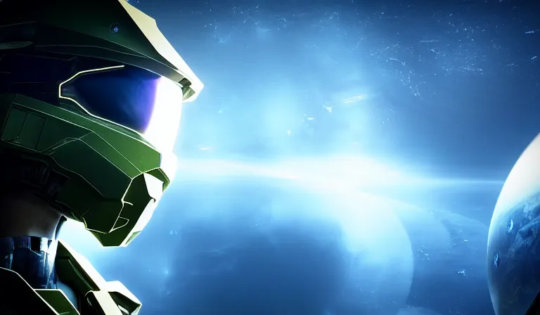 Image similar to cyberpunk halo helmet on space, planet behind, close shot, reflection, epic, dramatic, cinematic, award winning, ultra detailed, realistic, 8k,