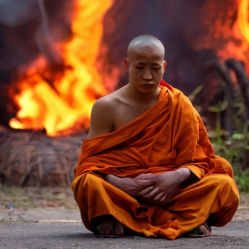 Image similar to a monk sitting while is burning and suffering