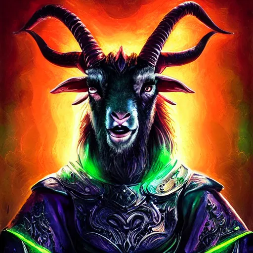 Prompt: portrait of a beautiful evil goat-woman as a paladin in full shining armor with one menacing green and orange glowing eye, oil painting, digital painting, intricate detail, vivid color, neon color, artwork by ross tran + raymond swanland, background artwork by steven outram