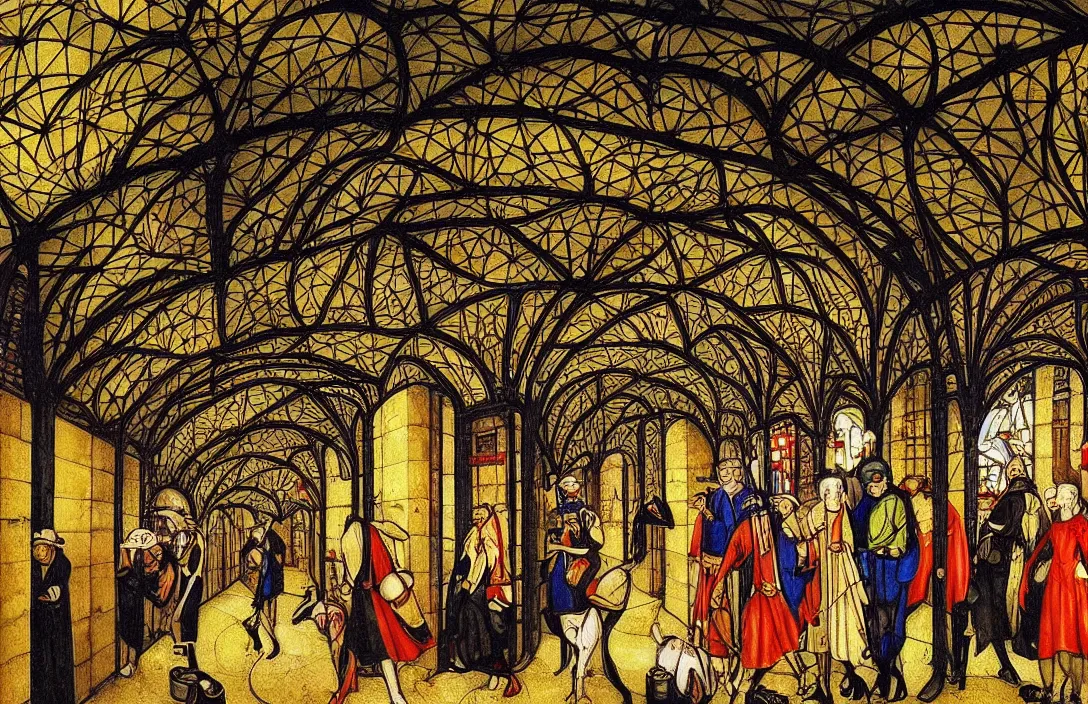 Prompt: pictorial antidote the margins of a gothic illuminated manuscript underground station there is no sense of movement painting by claude gellee