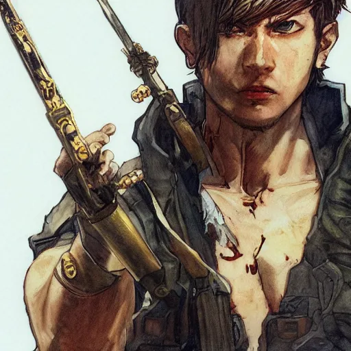 Image similar to portrait of a hero holding his sword in front of his face by yoji shinkawa, high quality, extra details, realism, ornate, colored, golden chain, blood, white skin, short hair, brown eyes, vivid, sunlight, dynamic, american man, freedom, white american soldier, pencil, twins