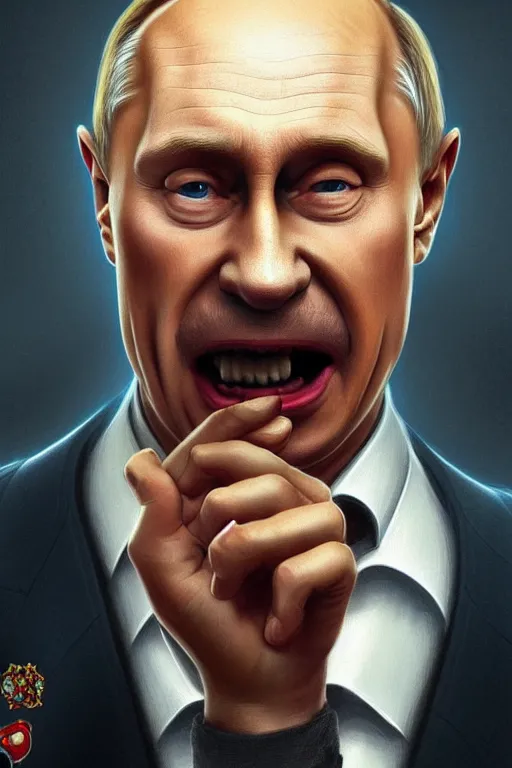 Image similar to vladimir putin as funny and stupid homer simpson, closeup, d & d, fantasy, intricate, elegant, highly detailed, digital painting, artstation, concept art, matte, sharp focus, illustration, hearthstone, art by artgerm and greg rutkowski and alphonse mucha