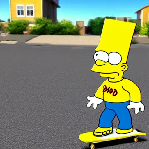 Image similar to 3D realistic (Bart Simpson) skateboarding around a neighborhood full of obstacles, nosey neighbors, nuclear power plant in the distance