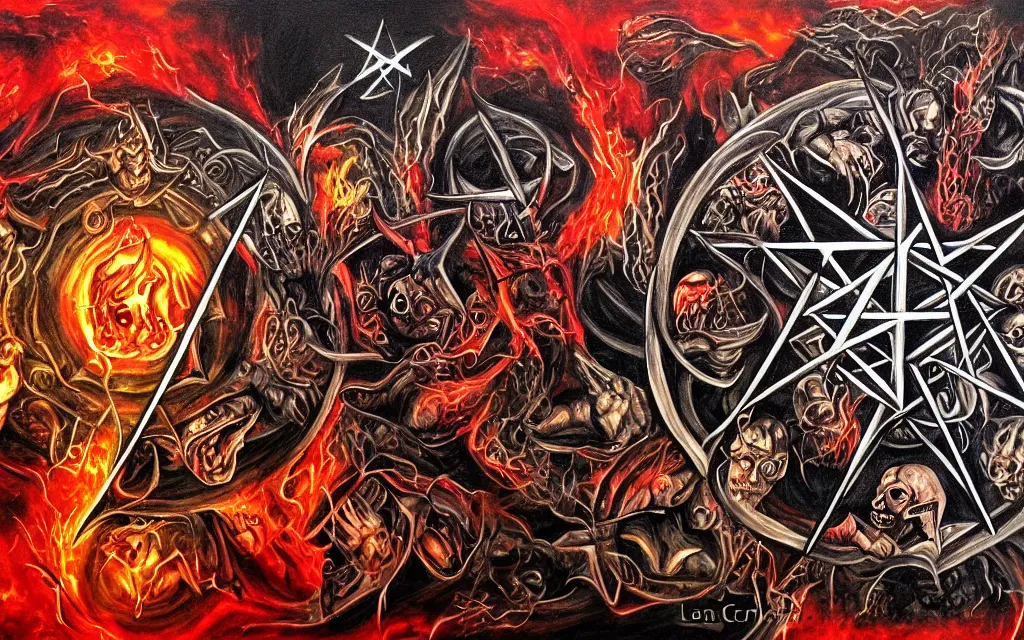 Image similar to the 7 layers of hell, doomsday, satan, pentagram, detailed, busy, hectic, painting by leona creo