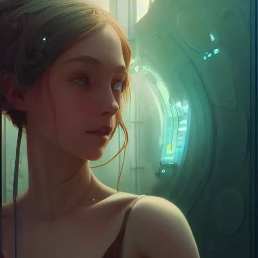 Image similar to portrait of android girl, highly detailed vfx portrait, unreal engine, greg rutkowski, loish, rhads, caspar david friedrich, makoto shinkai and lois van baarle, ilya kuvshinov, rossdraws, elegent, tom bagshaw, alphonse mucha, global illumination, detailed and intricate environment