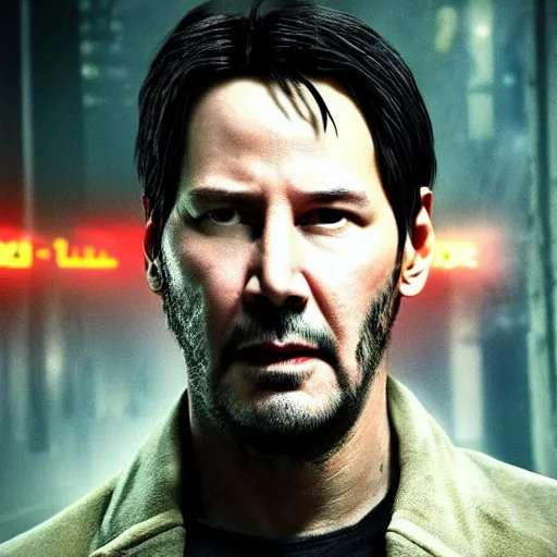 Prompt: Keanu Reeves as a mercenary in Blade Runner: 2049