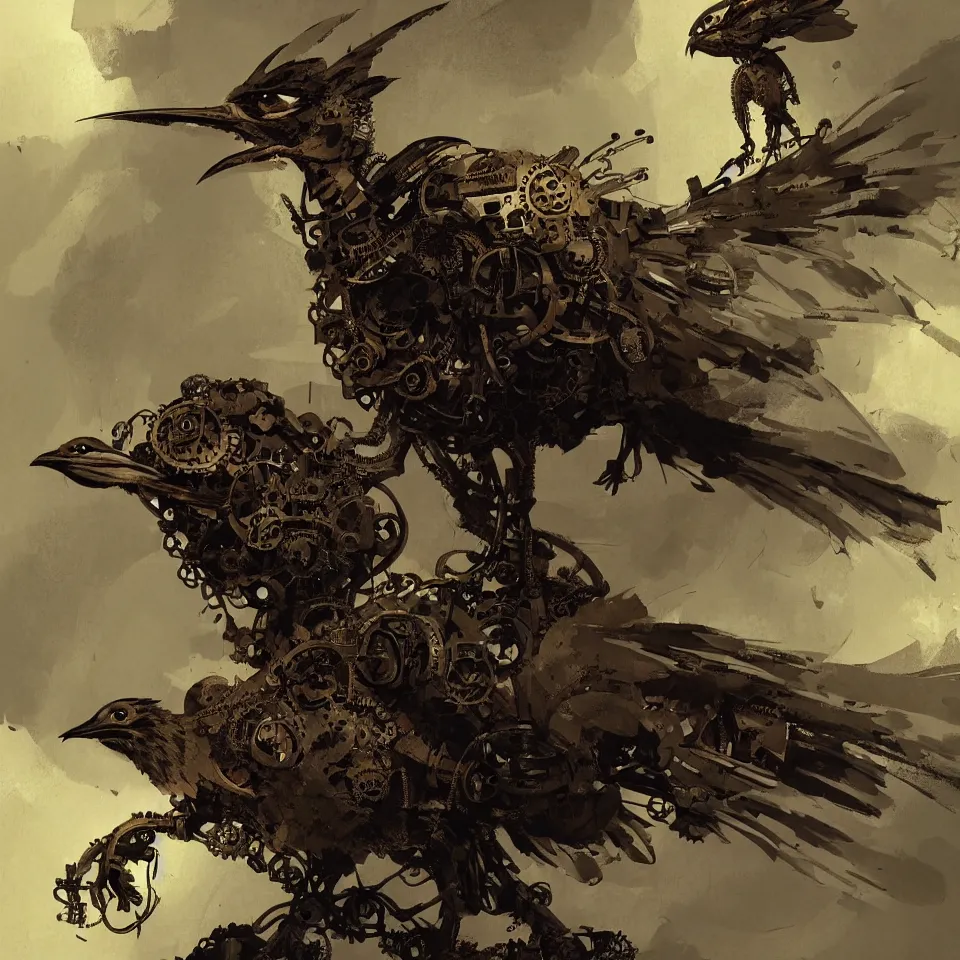 Prompt: a detailed concept art of a steampunk bird by ashley wood, dynamic lighting, cinematic, epic composition, masterpiece