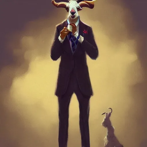 Image similar to award winning character art commission of an anthro furry humanoid goat smoking a cigar, three piece suit, character concept design, painting, detailed, vivid, trending on artstation, art by greg rutkowski