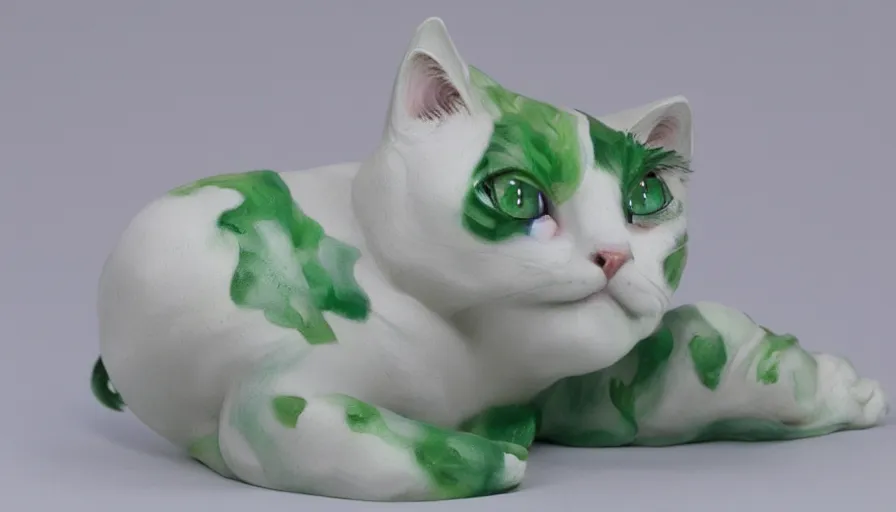 Image similar to hand painted figurine of white cat with green eyes, snow, hyperdetailed, artstation, cgsociety, 8 k