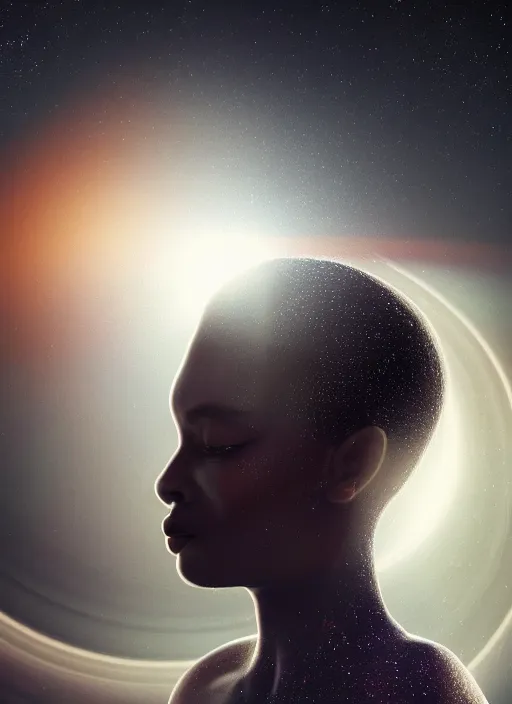 Prompt: symmetry!! a 2 8 mm macro photo of a beautiful young black woman standing in front of a ringed planet with rings in space. cute - fine - face, pretty face, realistic shaded perfect face, dark, concept art, cinematic, dramatic, atmospheric, 8 k, trending on artstation, haze, low visibility, fog, christopher nolan, interstellar