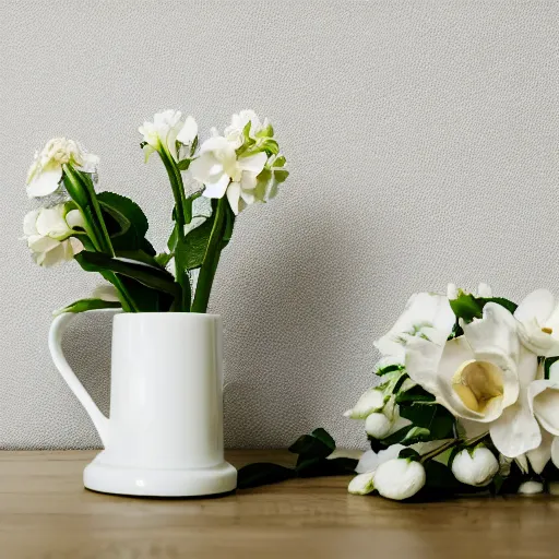 Prompt: bright white room showcasing ceramic mug surrounded by white flowers, green leaves, and pears, soft zen minimalist, white background, bright, crisp