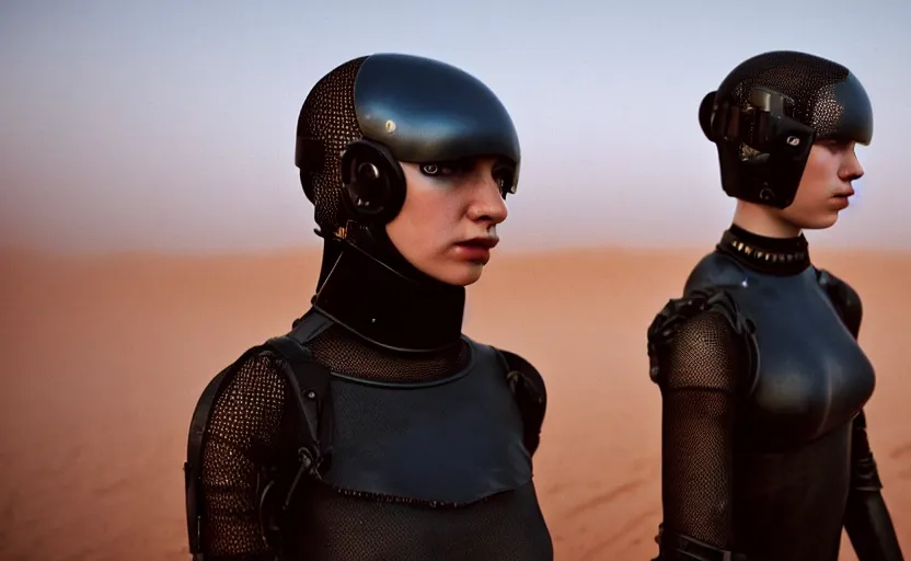 Image similar to cinestill 5 0 d photographic portrait by helen levitt of two loving female androids wearing rugged black mesh techwear on a desolate plain, extreme closeup, modern cyberpunk moody cinematic, dust storm, 8 k, hd, high resolution, 3 5 mm, f / 3 2, ultra realistic faces, ex machina