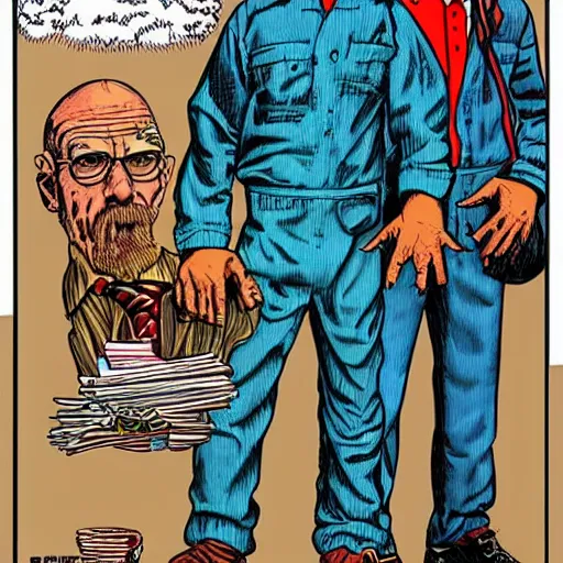 Image similar to The Artwork of R. Crumb and his Cheap Suit Breaking-Bad-Walter-White meth-lab, wearing a bio-hazard suit pencil and colored marker artwork, trailer-trash lifestyle