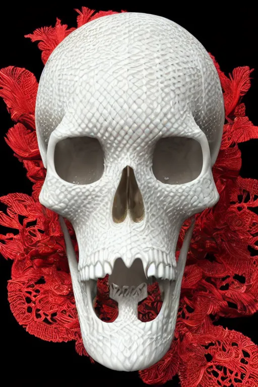 Image similar to complex 3d render ult ra detailed of a porcelain skull and serpent spine, 150 mm, accent lighting, beautiful studio soft light, rim light, silver gold red details, luxurious, big filigran ultra detailed leaves and stems, Alexander Mcqueen, haute couture, fine foliage lace, mesh wire, filigran intricate details, hyper realistic, mandelbrot fractal, anatomical, silver metal armor, facial muscles, cable wires, microchip, elegant, white background, beautiful white teeth, beautiful lips, octane render, H.R. Giger style, 8k