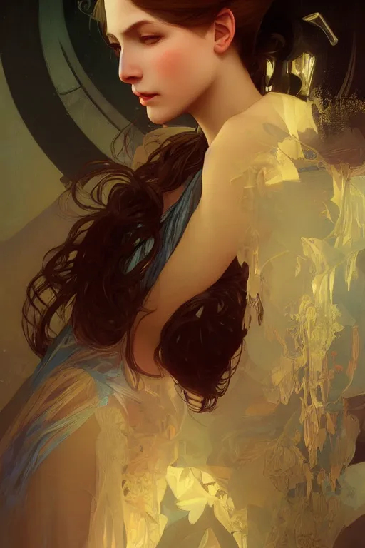 Image similar to final fantsy, digital painting, portrait, elegant, cinematic lighting, mysterious, highly detailed, artstation, concept art, illustration, smooth, sharp focus, editor's pickup, trending on artstation, trending on deviantart, alphonse mucha, WLOP