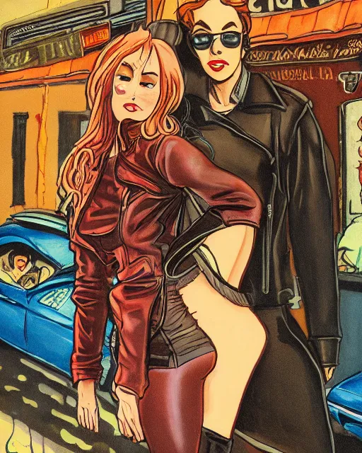 Image similar to young female protagonist in leather jacket, city street, artwork by ralph bakshi