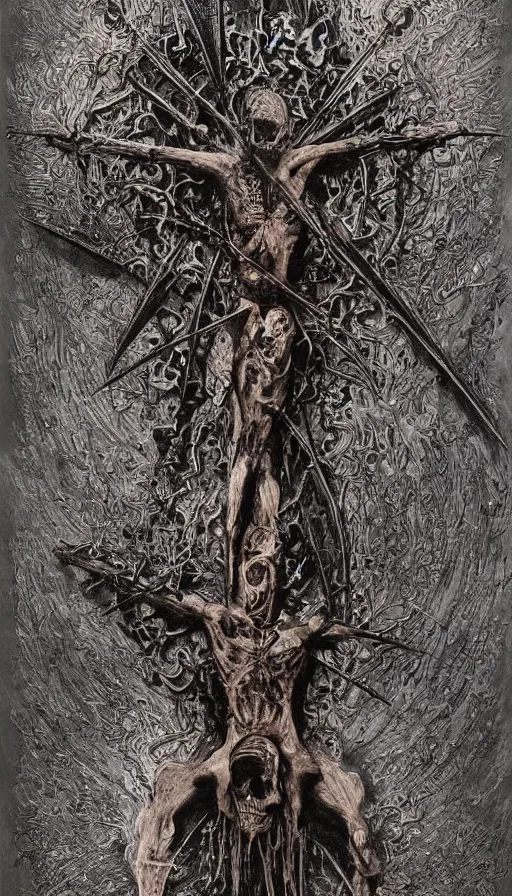 Image similar to Scorn themed painting of skeletal undead crucifixion concept, intricate artwork by H.R. Giger, Johnatan Wayshak, Zdizslaw Beksinski, Ayami Kojima, Amano, Karol Bak, Moebius, and Mark Brooks, Neo-Gothic, gothic, rich deep colors, art by Takato Yamamoto, masterpiece, face by Artgerm, very coherent artwork, cinematic, hyper realism, high detail, octane render, unreal engine, 8k, High contrast, golden ratio, trending on cgsociety