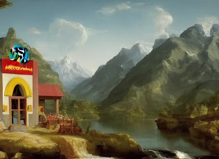 Image similar to painting of a mcdonalds restaurant in front of beautiful mountains by thomas cole