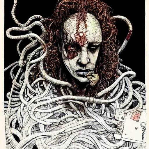 Image similar to graphic illustration, creative design, medusa, biopunk, by ralph steadman, francis bacon, hunter s thompson