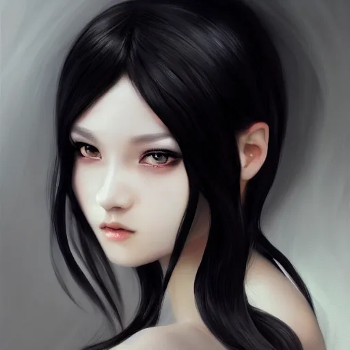 Image similar to a beautiful and elegant girl by wlop, black hair, dream, closeup headshot, 8 k, high detailed, style of ghost blade, ultra - realistic painting, trending on artstation, cg rendering.