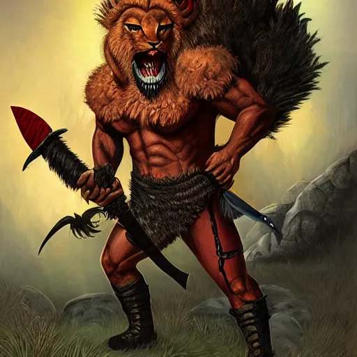 Image similar to a tiefling lion - man barbarian with black fur and red eyes, wielding a greatsword, high quality digital painting by larry elmore and jeff easley